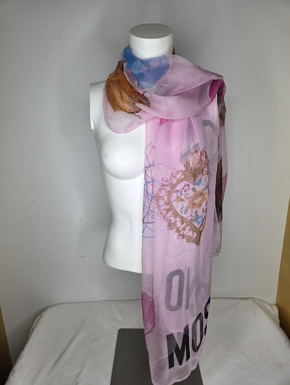 Moschino Scarf Pink Heart & Graphic Print 100%Silk Scarf